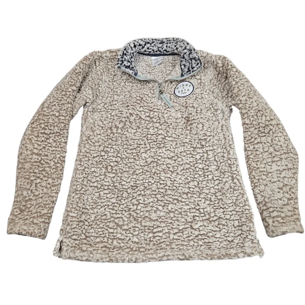 Minnesota Sherpa Pullover Small Beige Quarter Zip‎ Patch Cozy Outdoor Cabincore